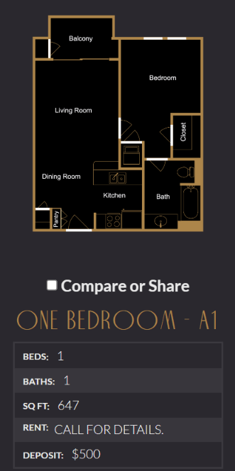 Floor plan for 1 bed, 1 bath, 647 sqft